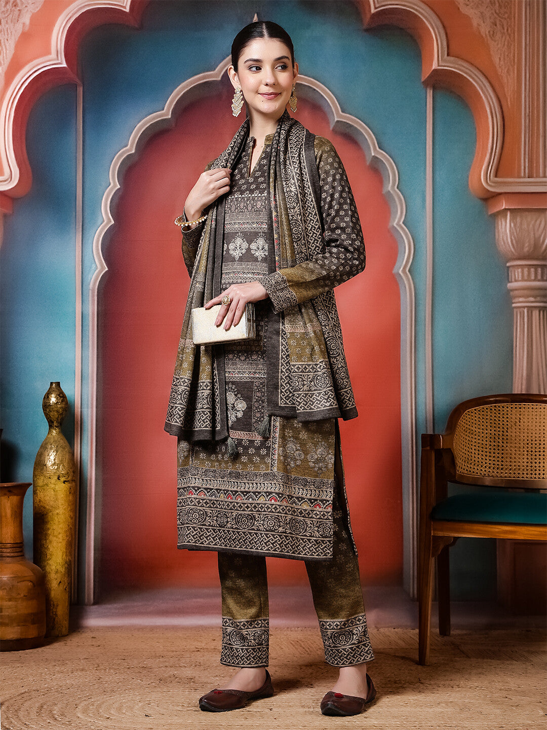 Floral Embroidered Straight Winter Wear Kurta & Trousers Sets