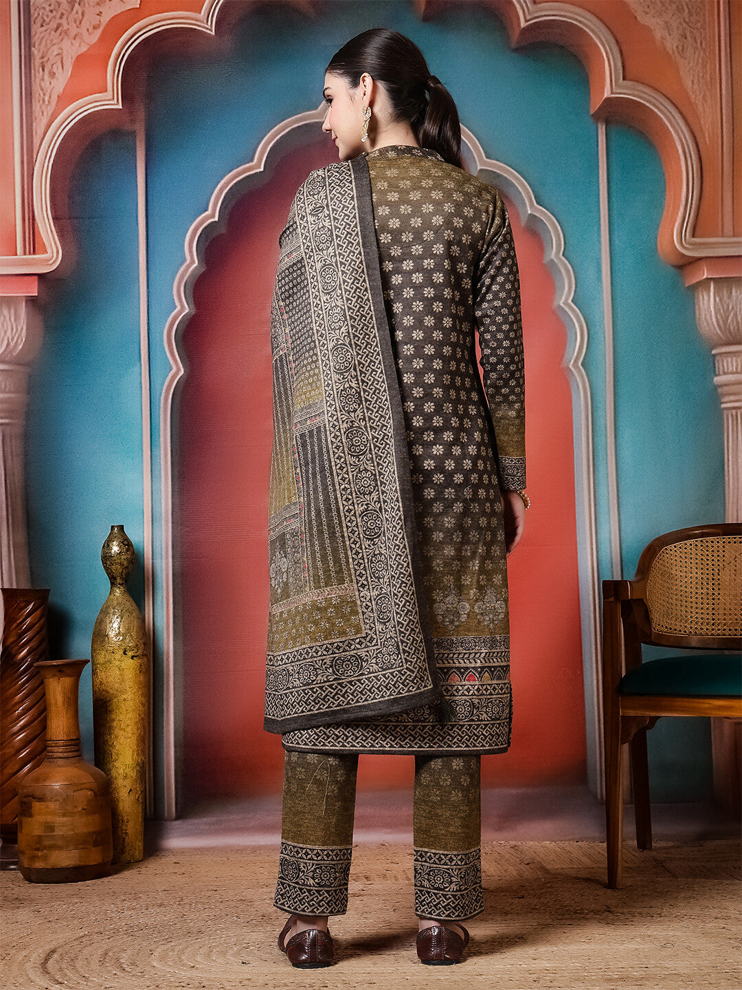 Floral Embroidered Straight Winter Wear Kurta & Trousers Sets