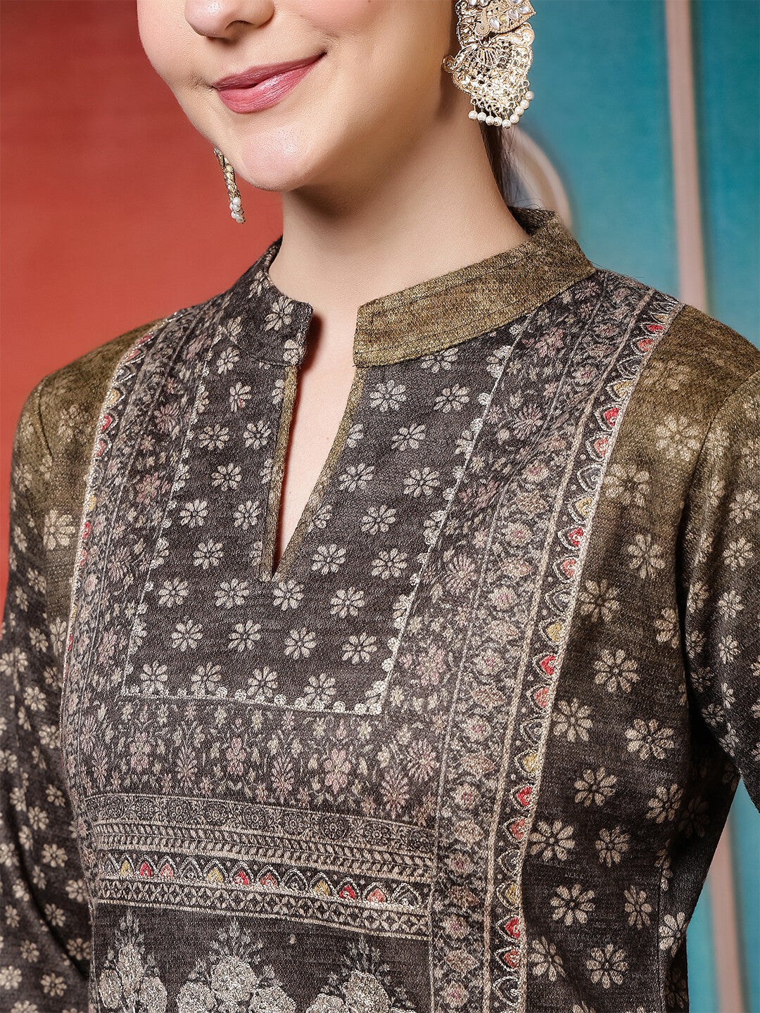 Floral Embroidered Straight Winter Wear Kurta & Trousers Sets