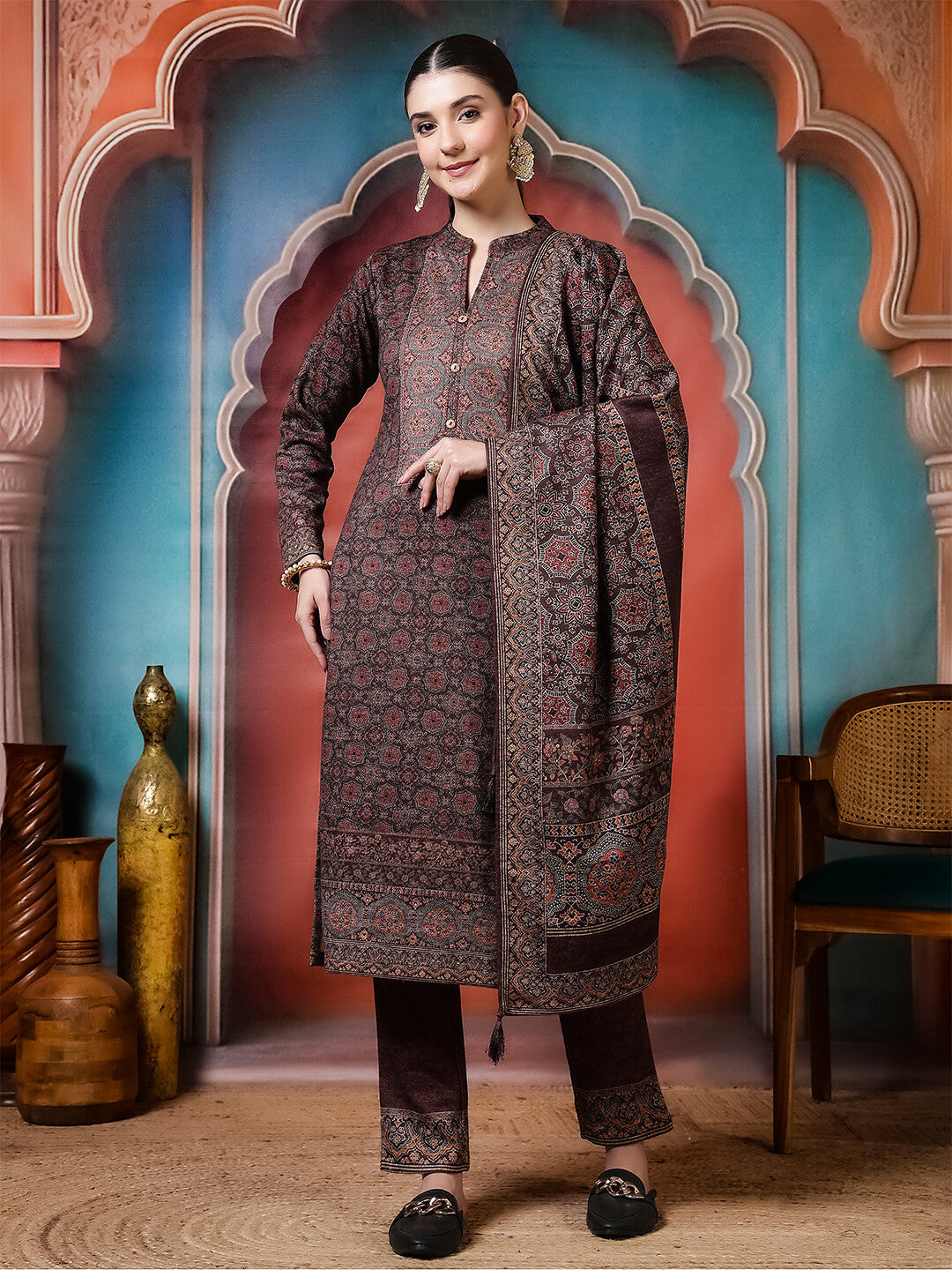 Floral Embroidered Straight Winter Wear Kurta & Trousers Sets