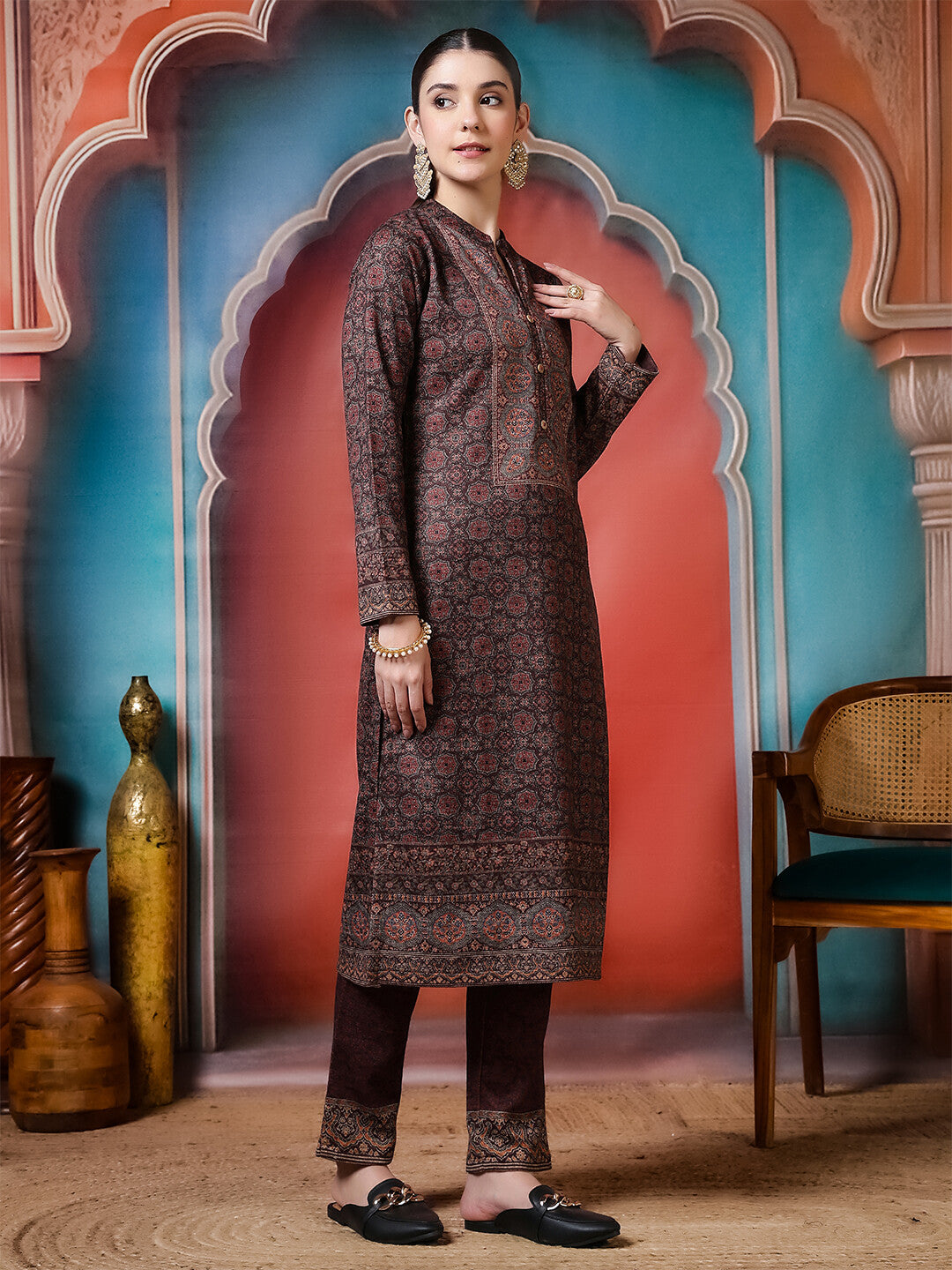 Floral Embroidered Straight Winter Wear Kurta & Trousers Sets