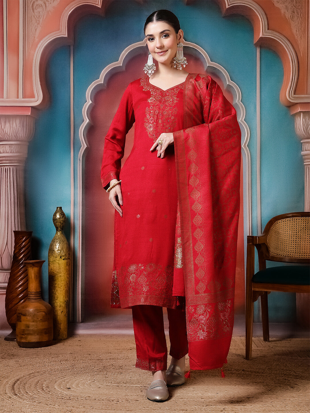 Floral Embroidered Straight Winter Wear Kurta & Trousers Sets