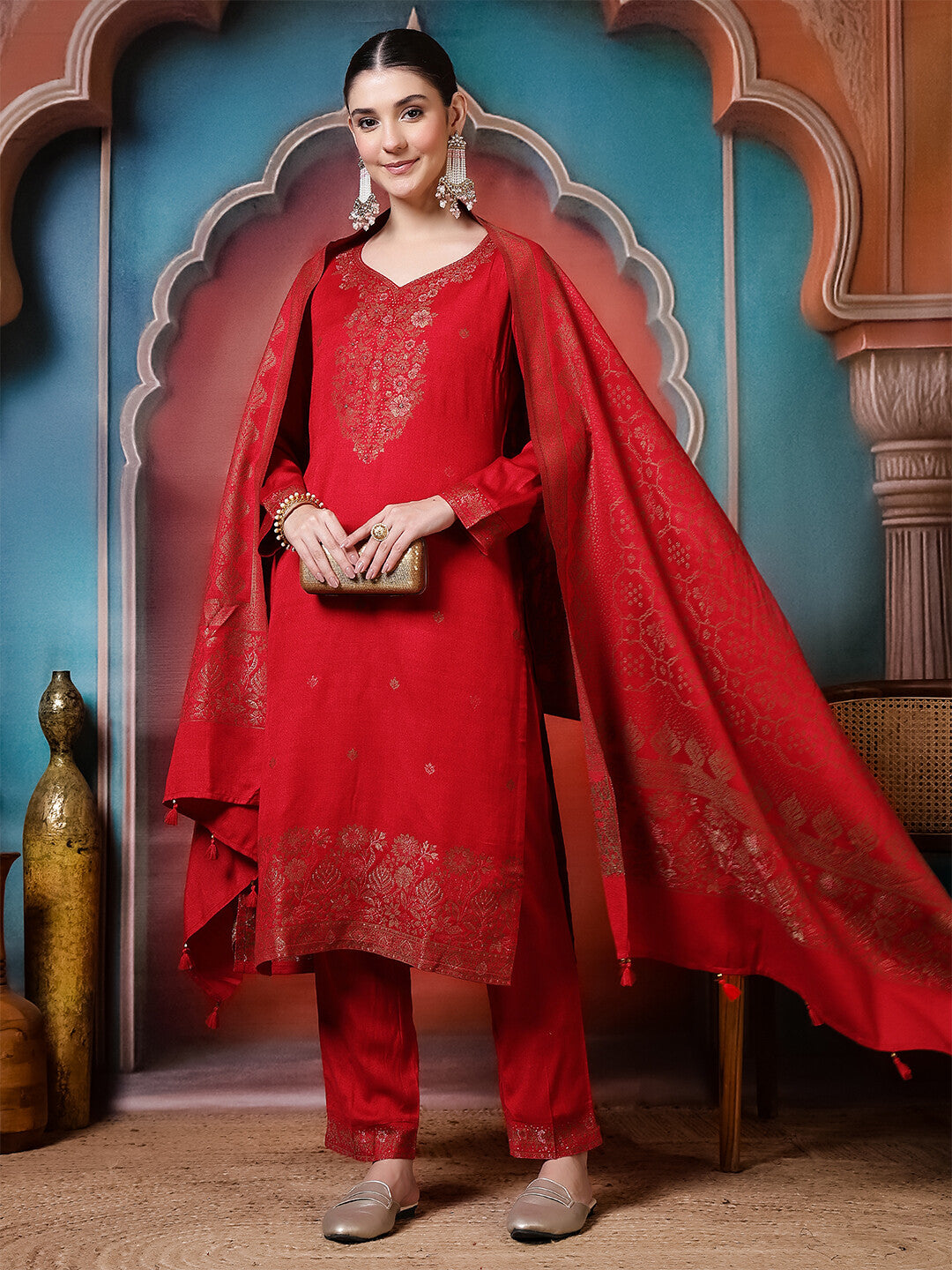 Floral Embroidered Straight Winter Wear Kurta & Trousers Sets