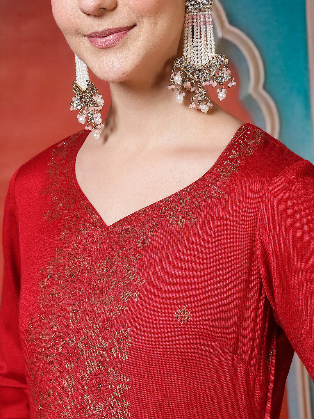 Floral Embroidered Straight Winter Wear Kurta & Trousers Sets