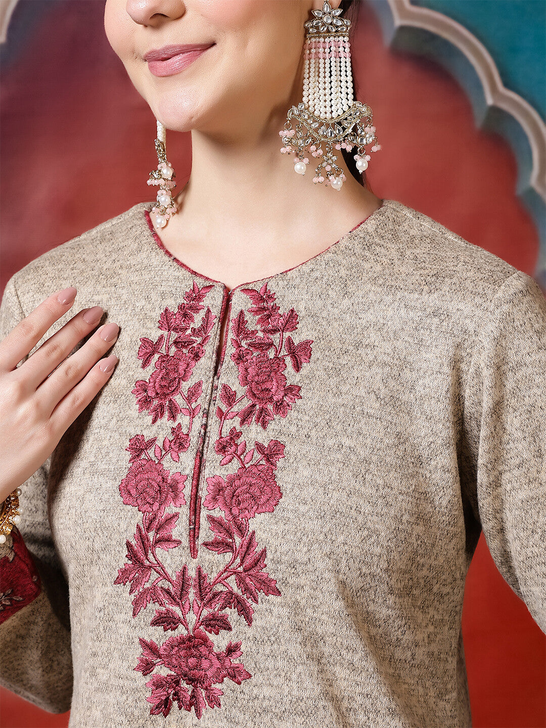 Floral Embroidered Straight Winter Wear Kurta & Trousers Sets