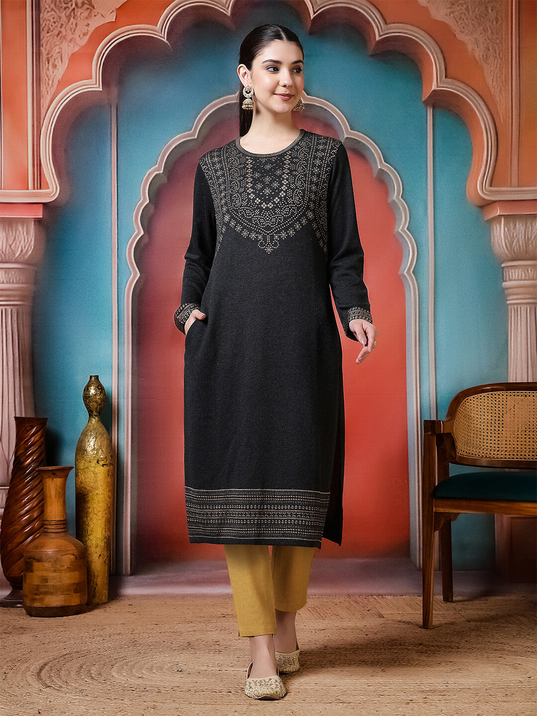 Floral Woven Design Straight Winter Wear Kurta