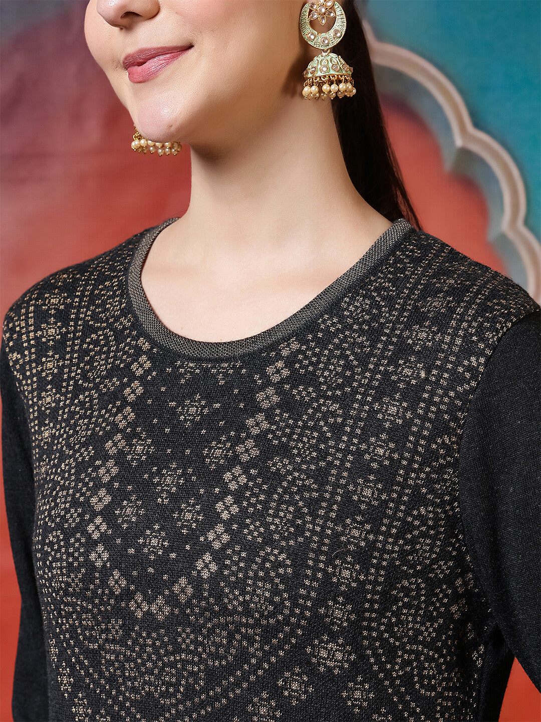 Floral Woven Design Straight Winter Wear Kurta