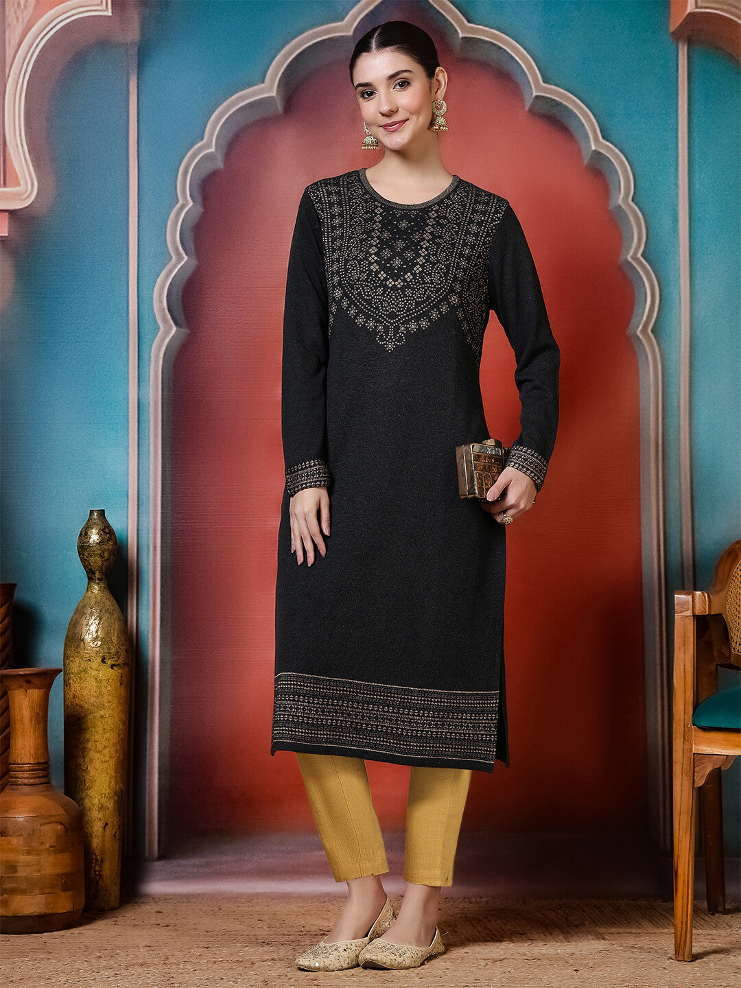 Floral Woven Design Straight Winter Wear Kurta
