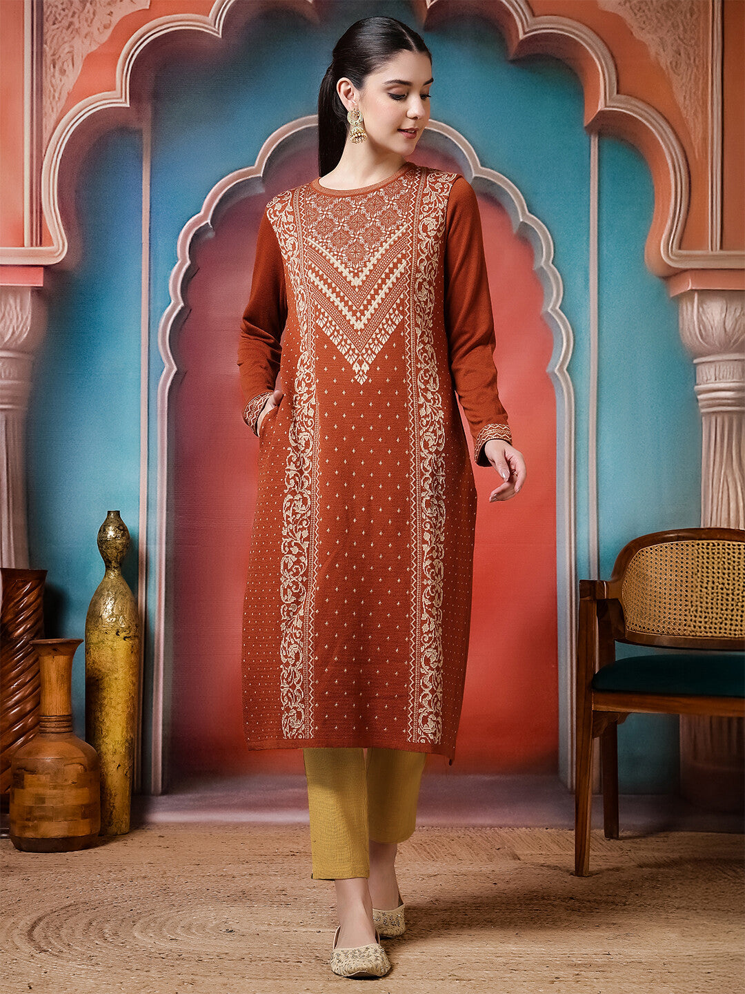 Floral Woven Design Straight Winter Wear Kurta