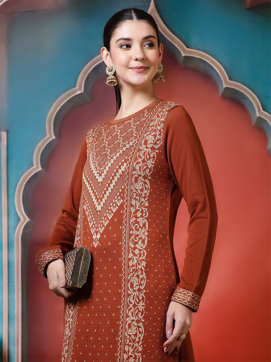 Floral Woven Design Straight Winter Wear Kurta