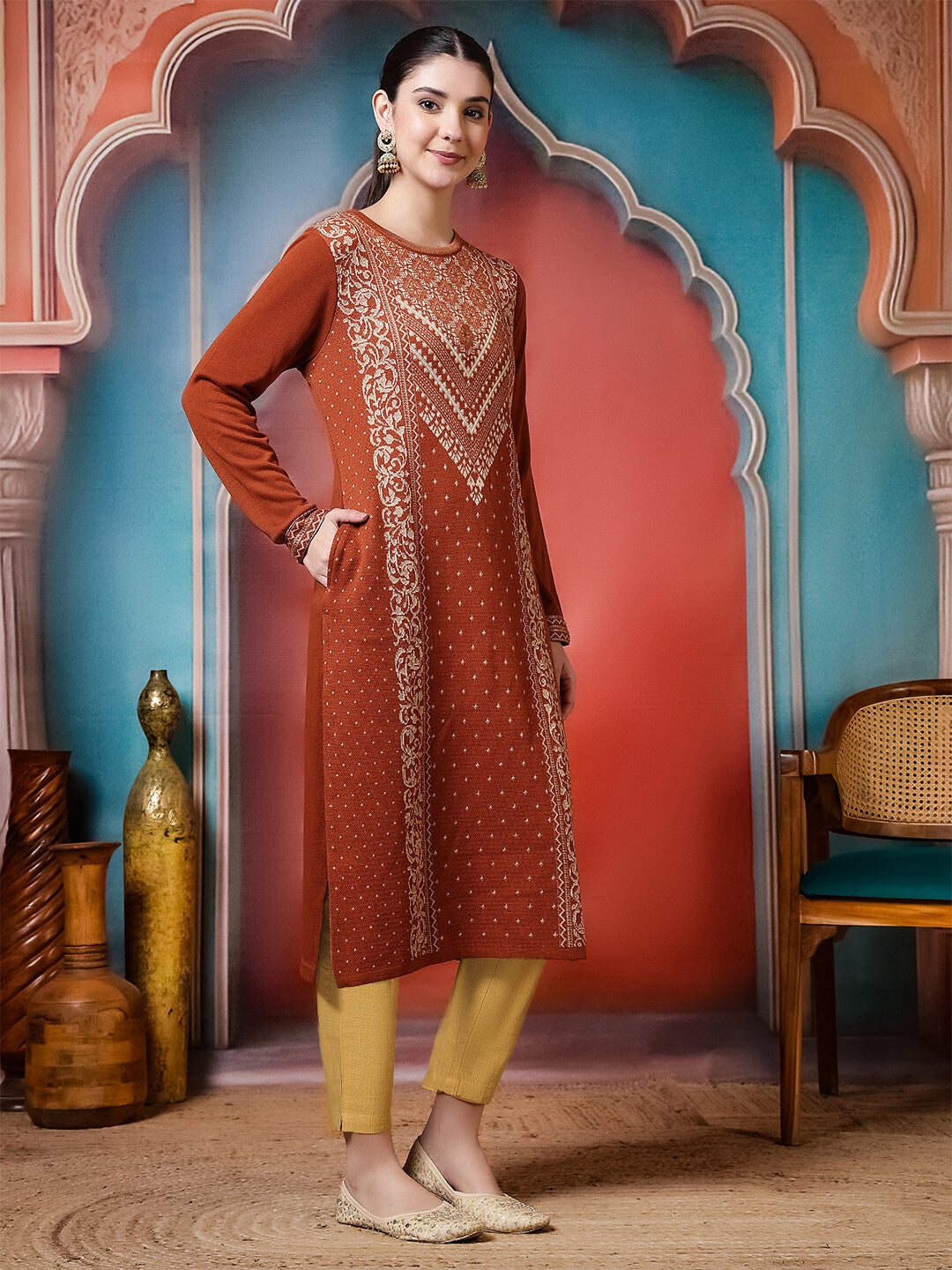 Floral Woven Design Straight Winter Wear Kurta