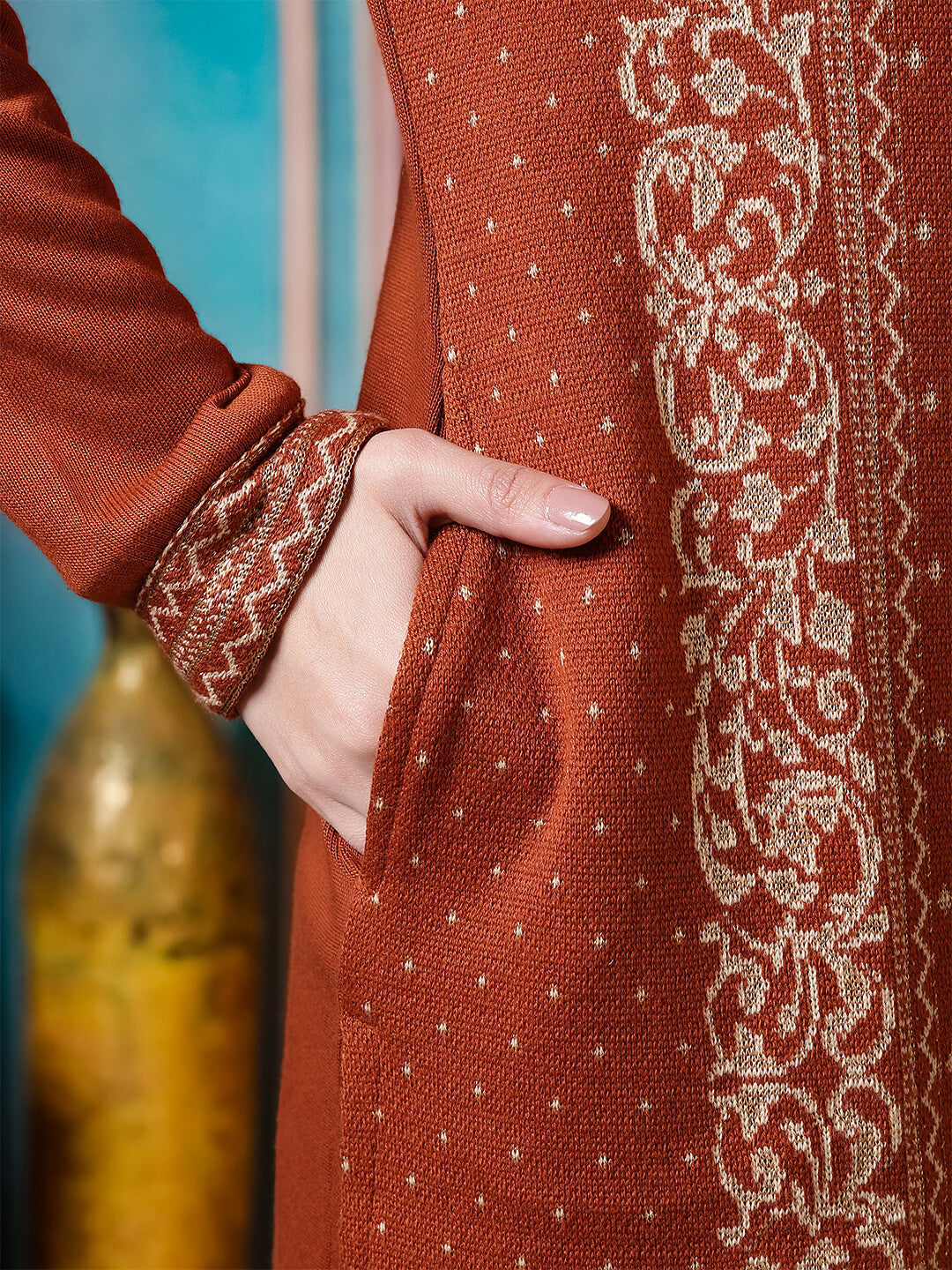 Floral Woven Design Straight Winter Wear Kurta