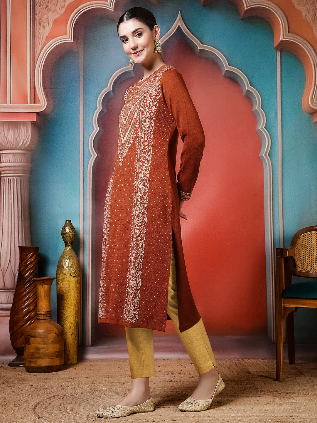 Floral Woven Design Straight Winter Wear Kurta