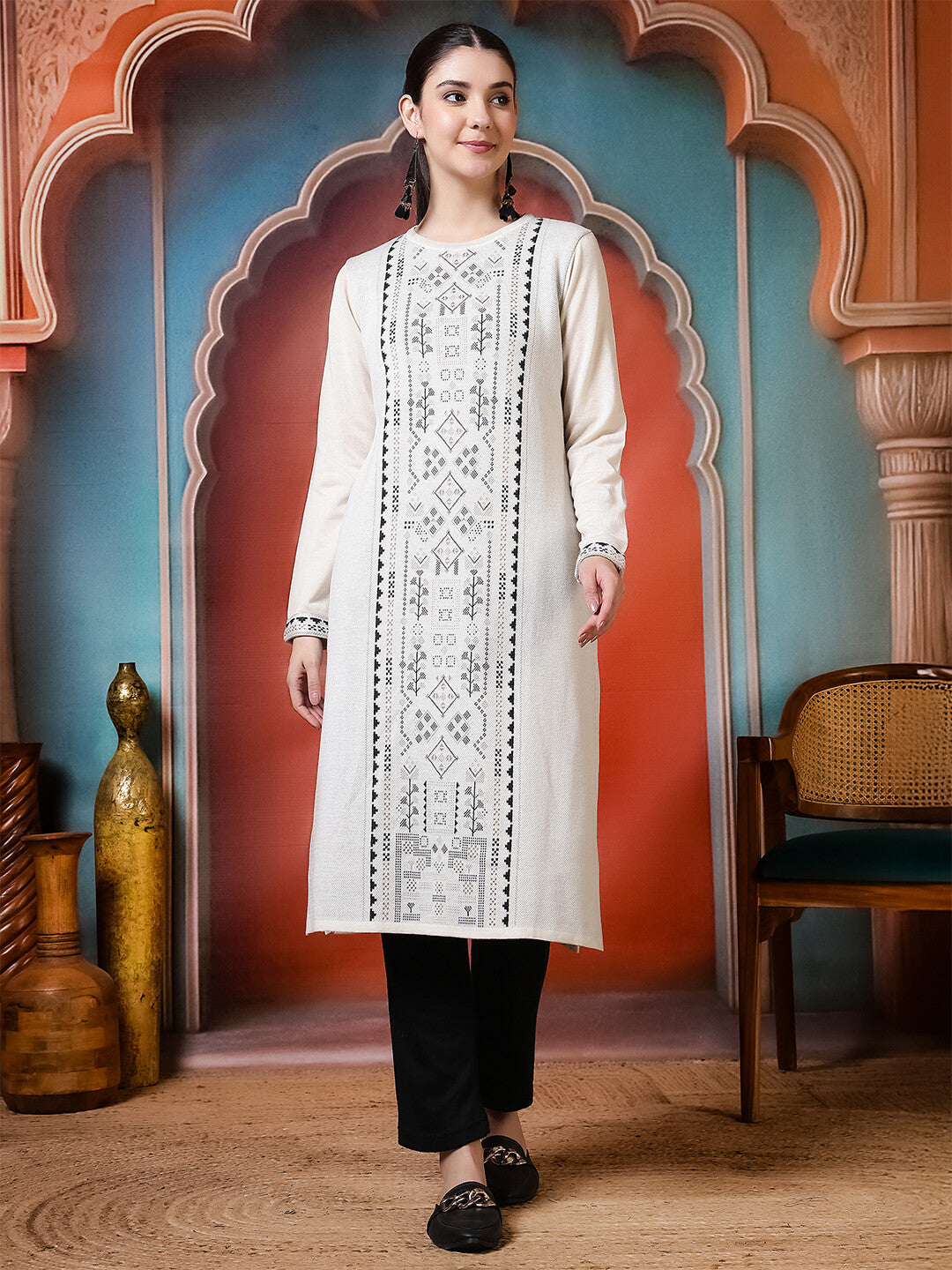 Floral Woven Design Straight Winter Wear Kurta