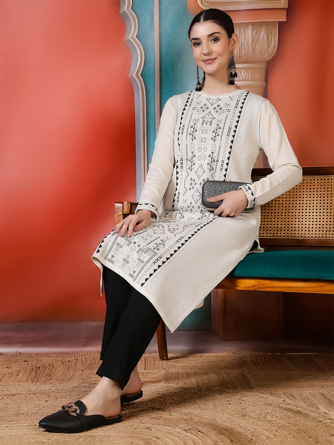 Floral Woven Design Straight Winter Wear Kurta