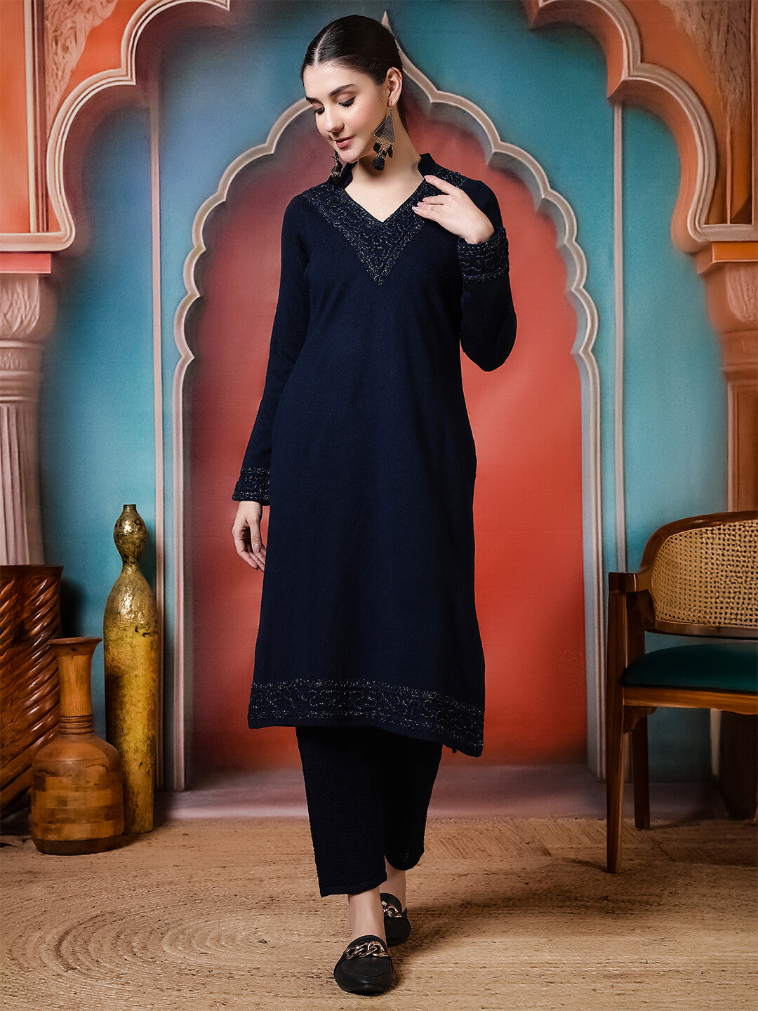 Floral Embroidered Straight Winter Wear Kurta