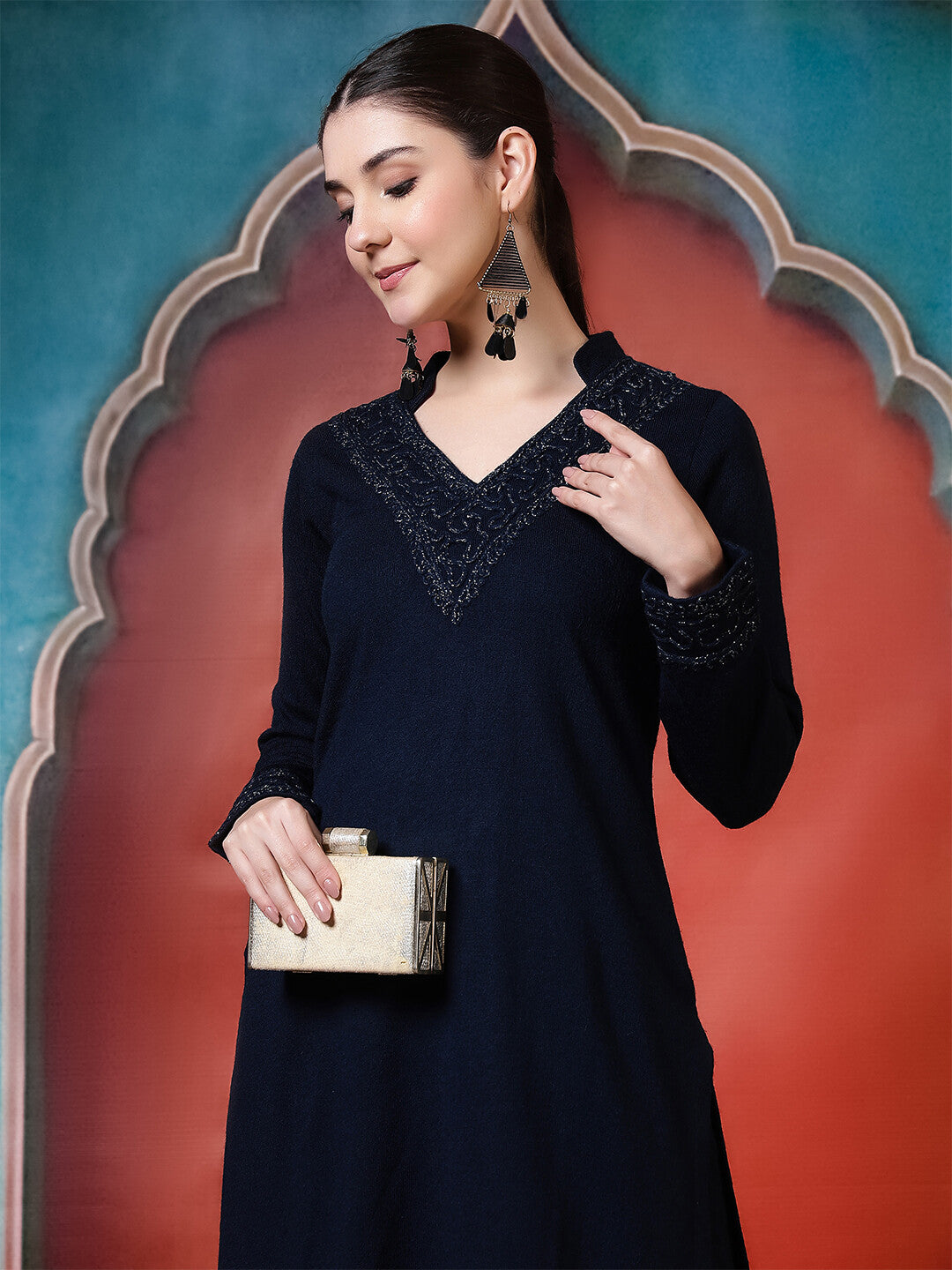 Floral Embroidered Straight Winter Wear Kurta