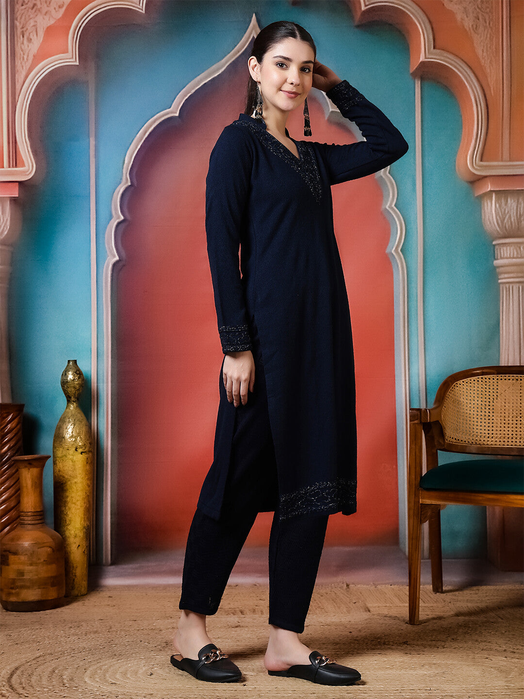 Floral Embroidered Straight Winter Wear Kurta