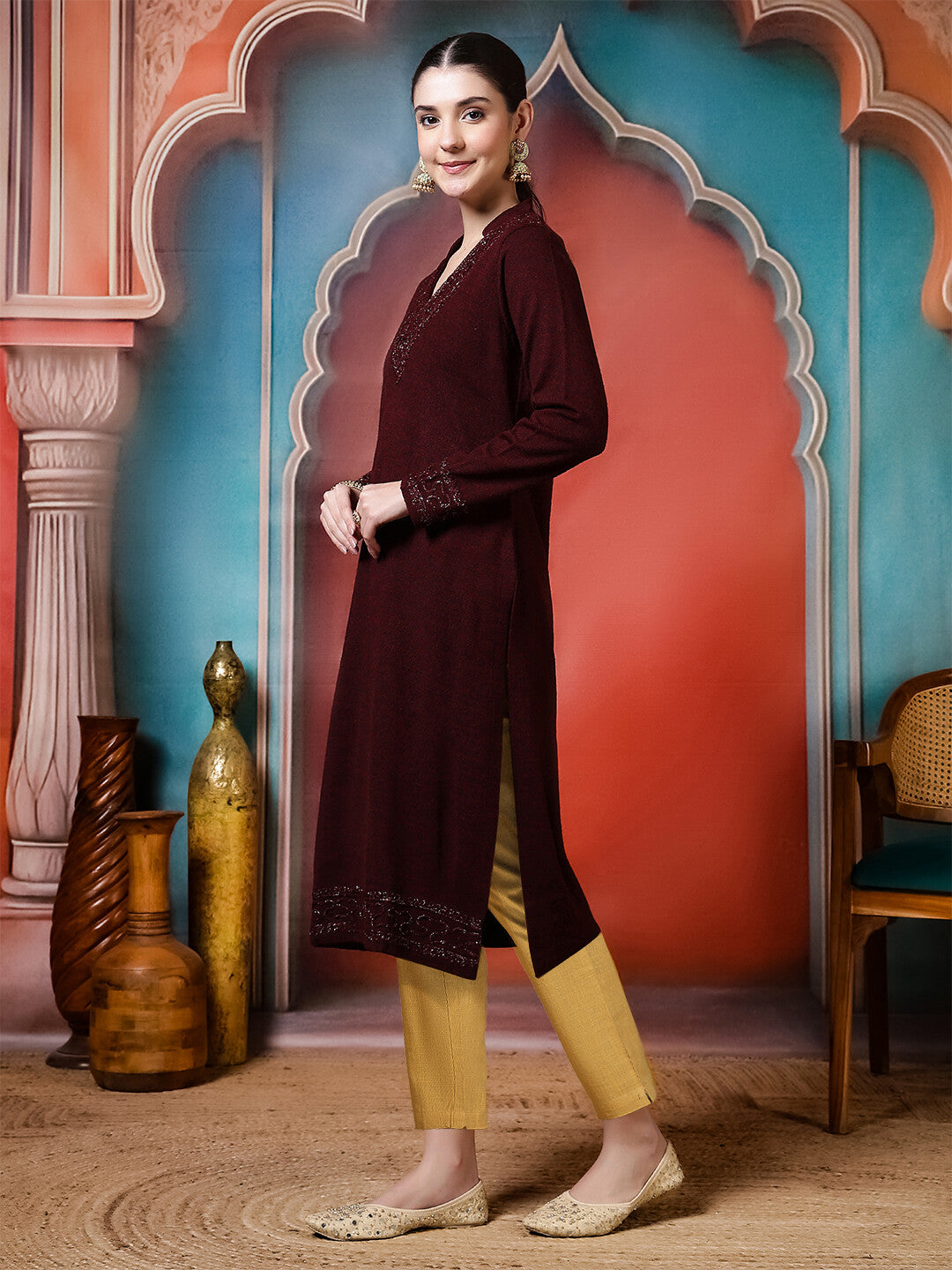 Floral Embroidered Straight Winter Wear Kurta