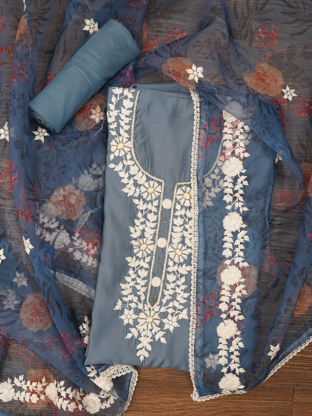 Grey Pure Silk Lucknowi Embroidered Dress Material with Dupatta