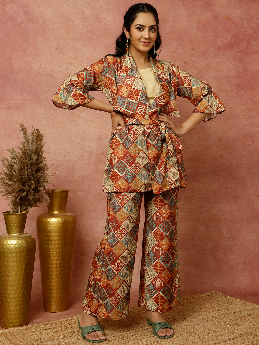 Rust Multicolor Print Wrap Top With Palazzo Co-Ord Set