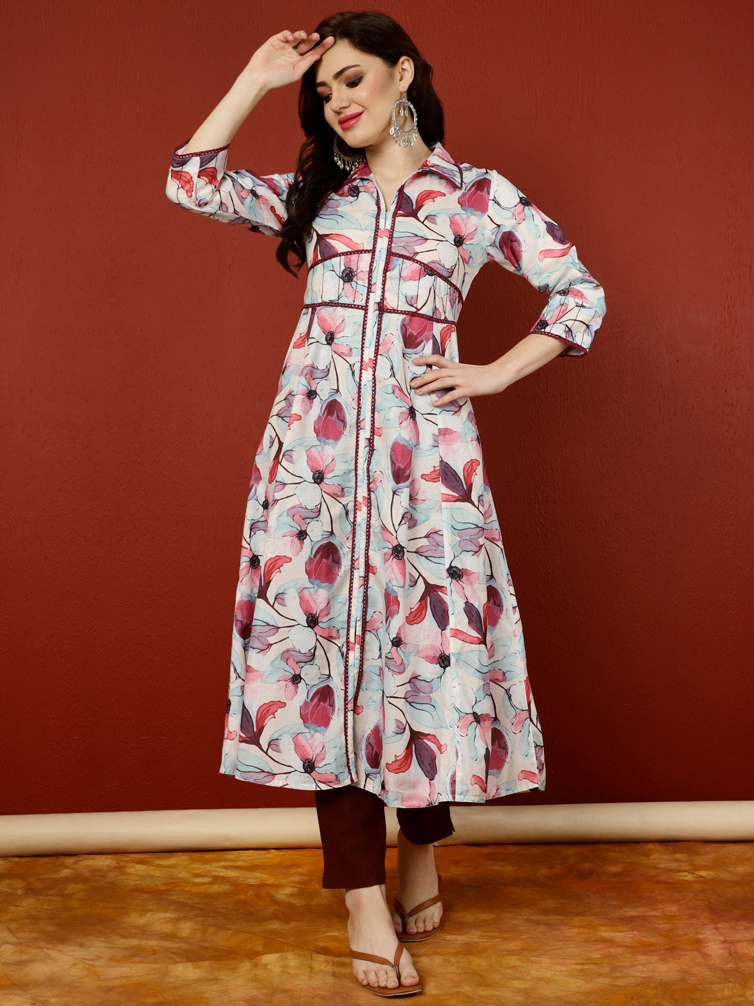 Floral Printed And Embroidered A-line Kurta