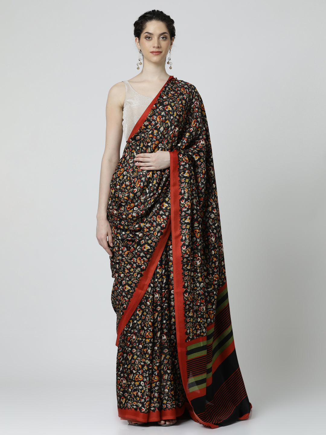 Black Floral Printed Poly Silk Saree