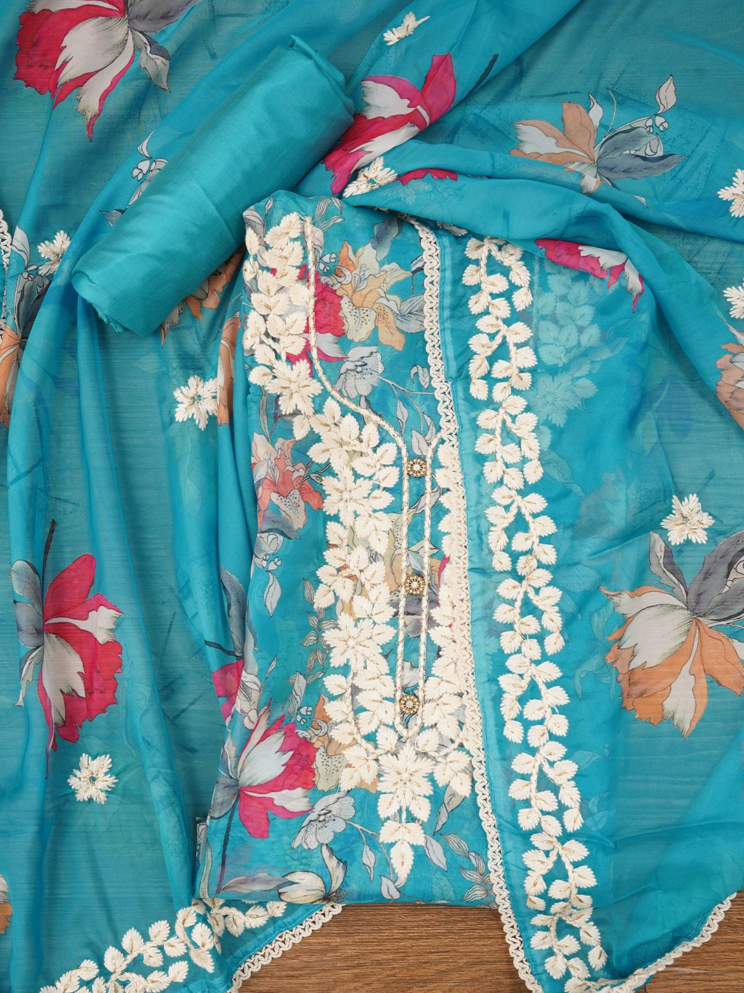 Sky Blue Lucknowi Embroidered Organza Dress Material with Dupatta