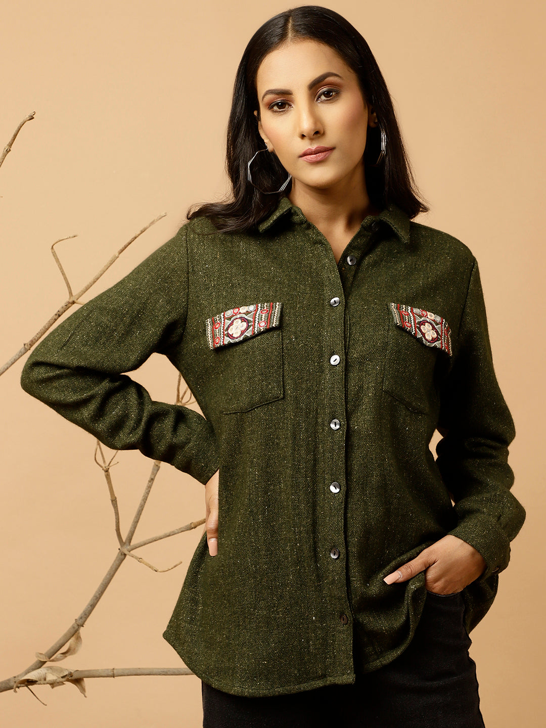 Green Embroidered Woolen Shirt