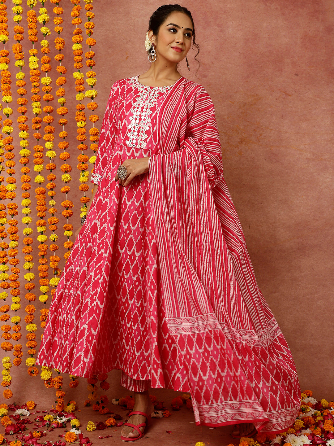 Pink Mirror Embellished Ikat Printed Anarkali Kurta With Pants And Dupatta