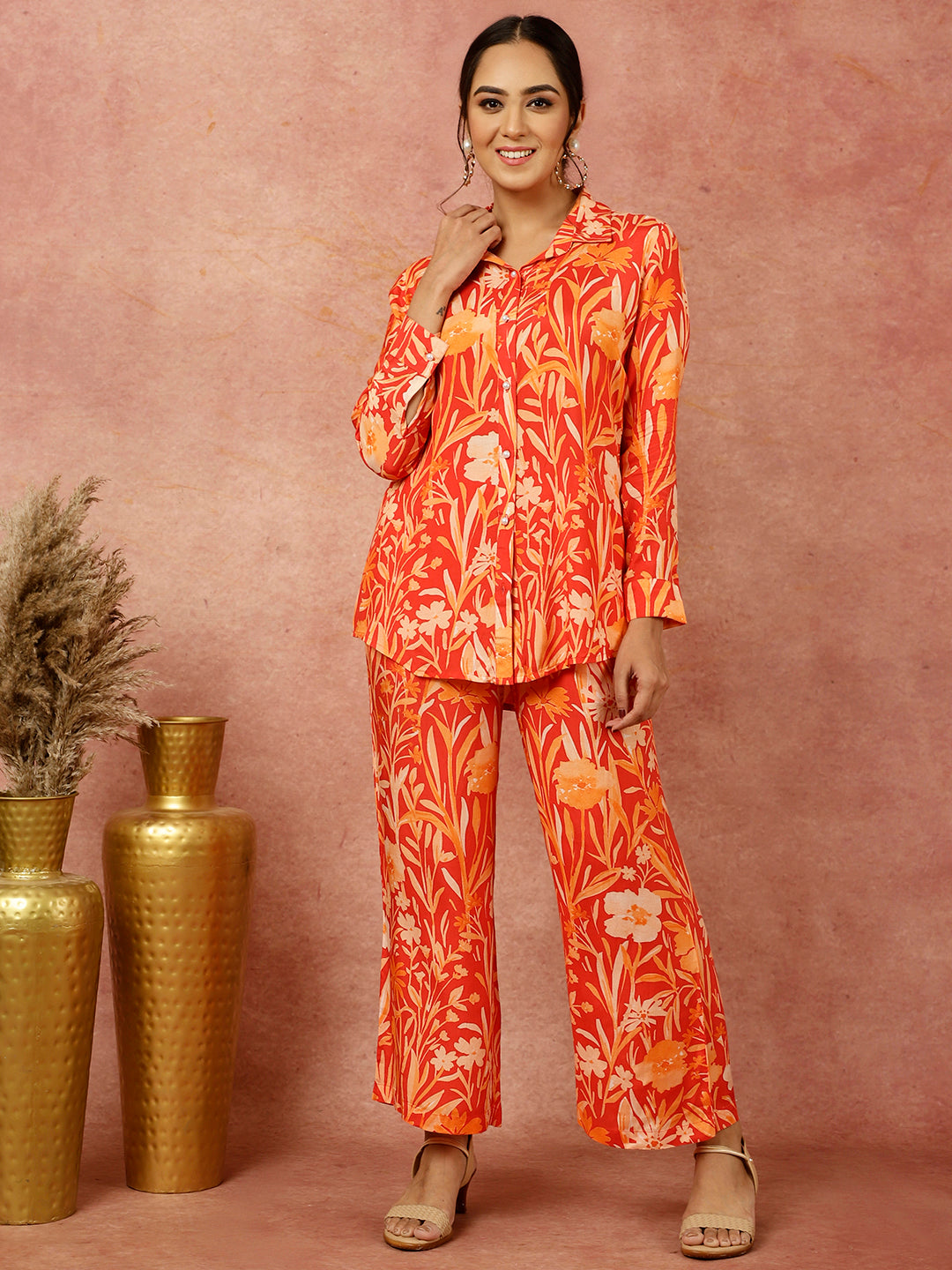 Red Tropical Floral Printed Shirt With Pants Co-ord Set