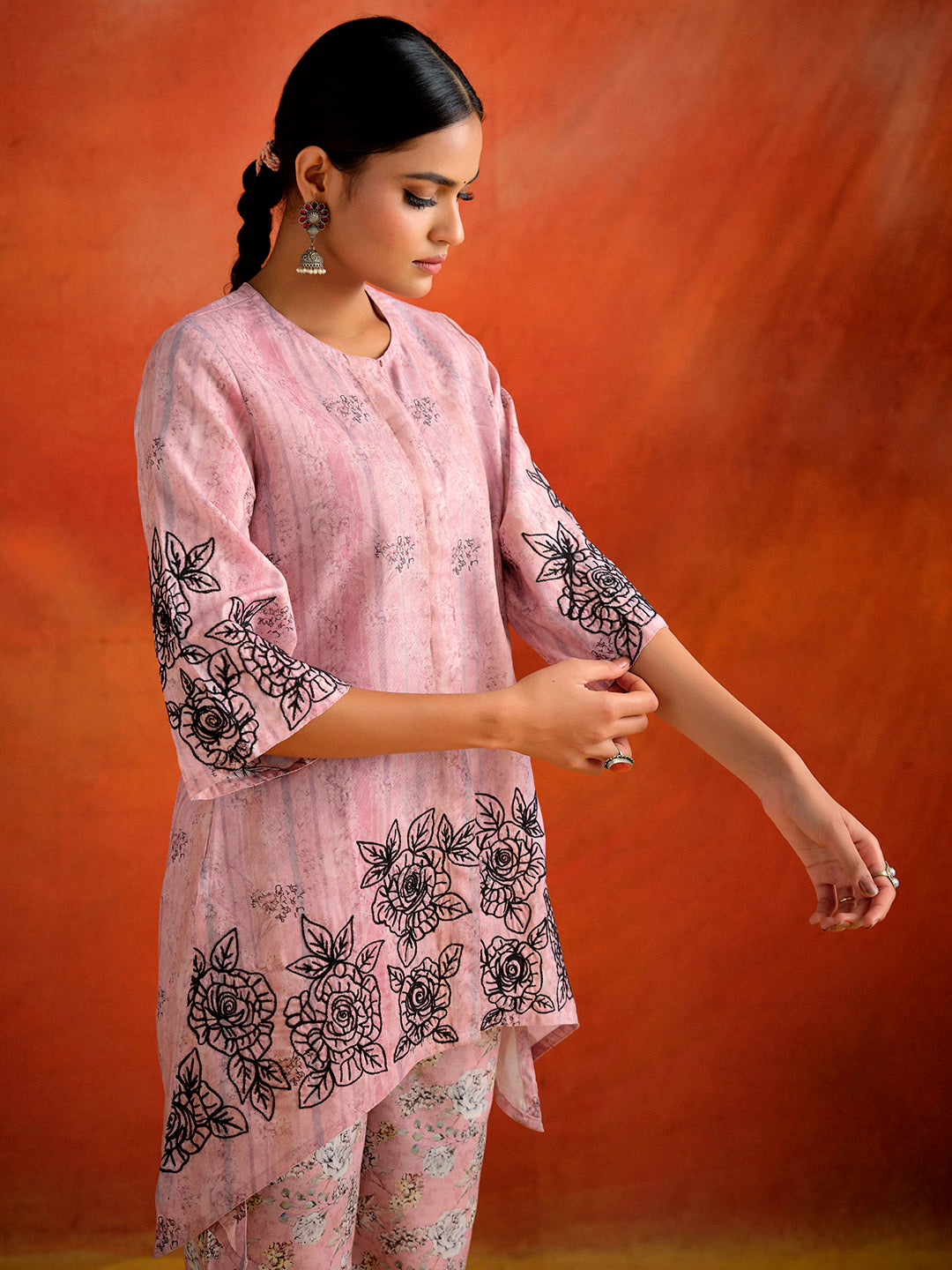 Pink Embroidered Asymmetrical Co-ord Set