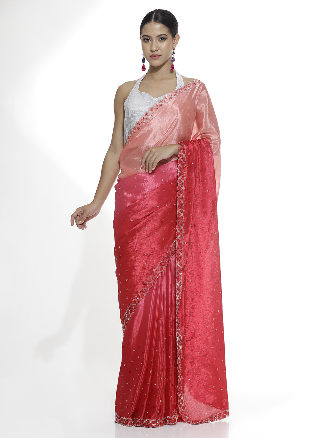 Satin Siroski Work Party Wear Red Saree