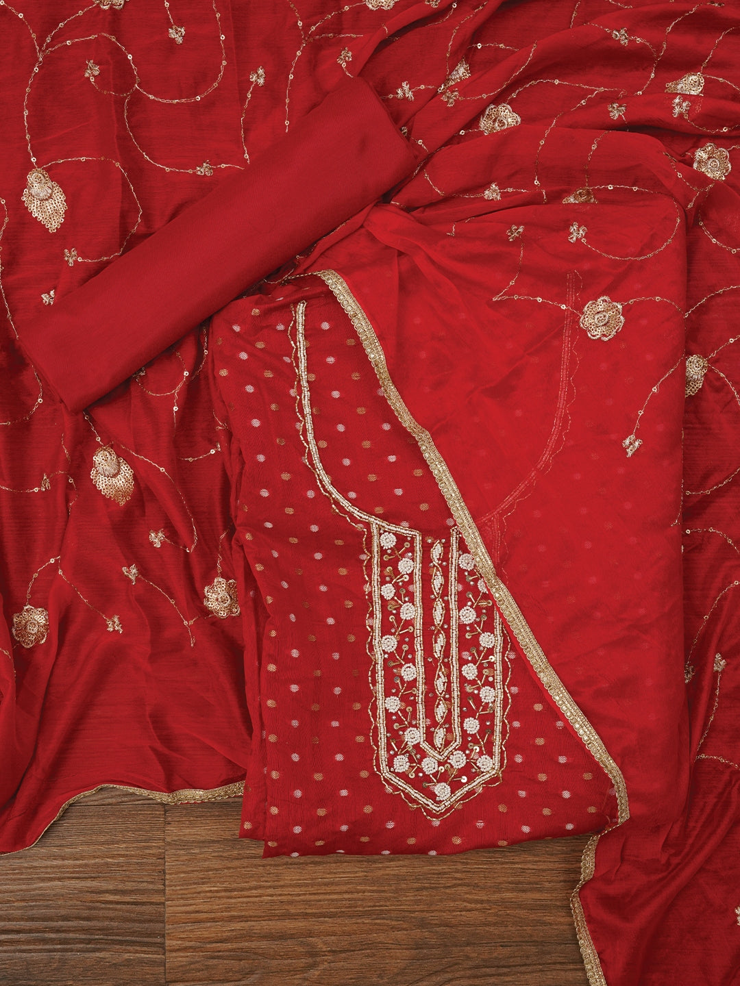 Zari Red Pure Cotton Dress Material with Dupatta