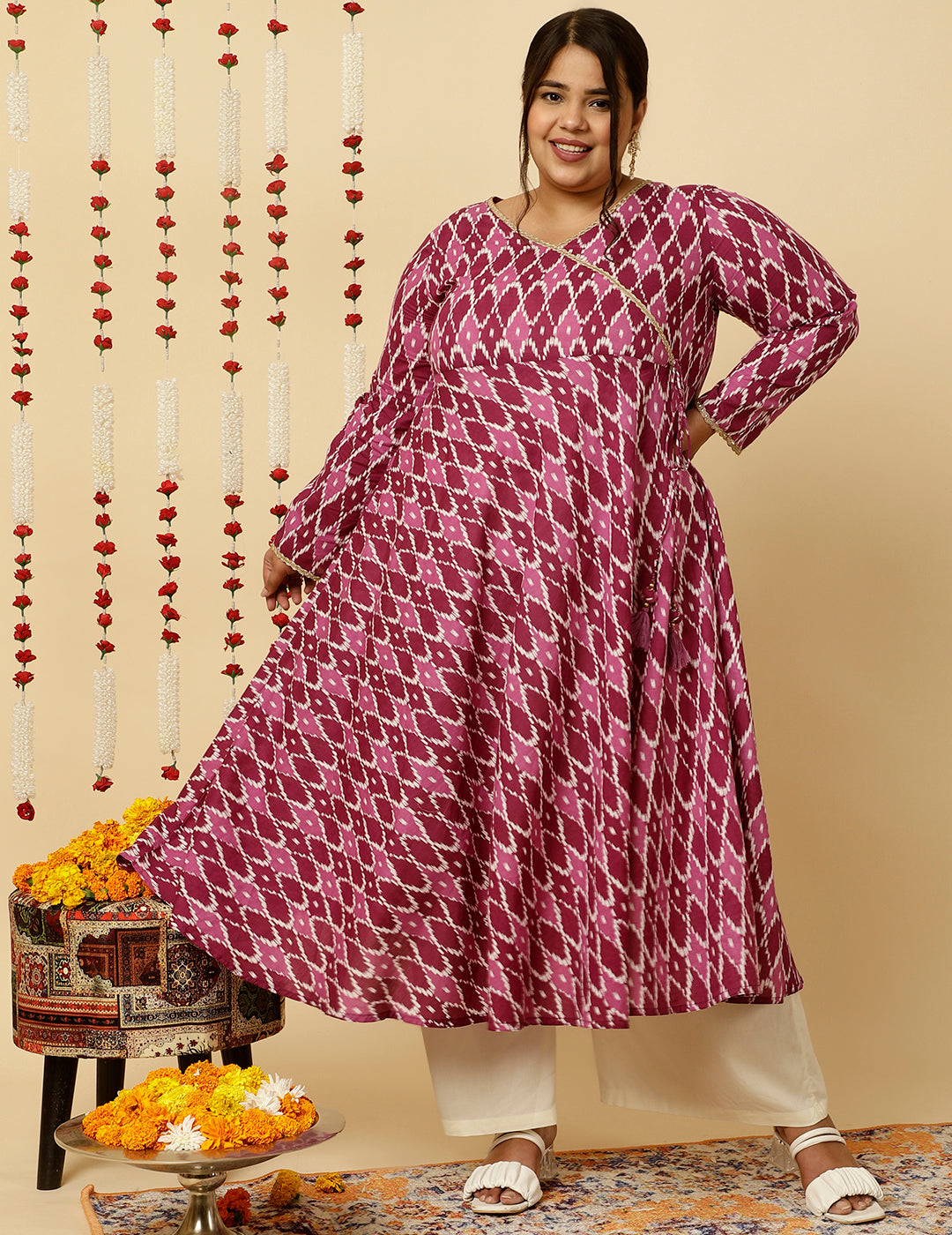 Plus Size Purple Ikat Printed Angrakha Kurta