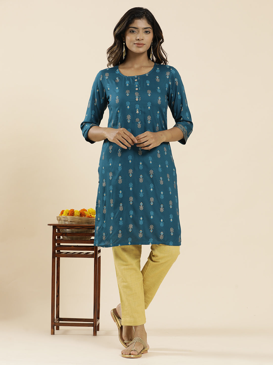 Teal Ethnic Motif Printed Straight Kurta