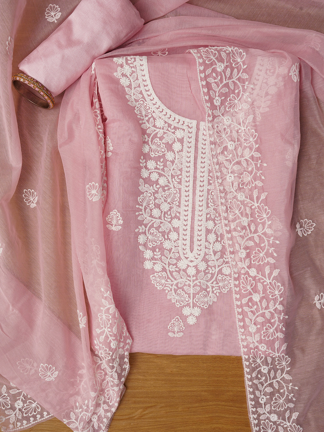 Pink - 2pc Unstitched Dharwad Dress Material with Jewellery Set 25
