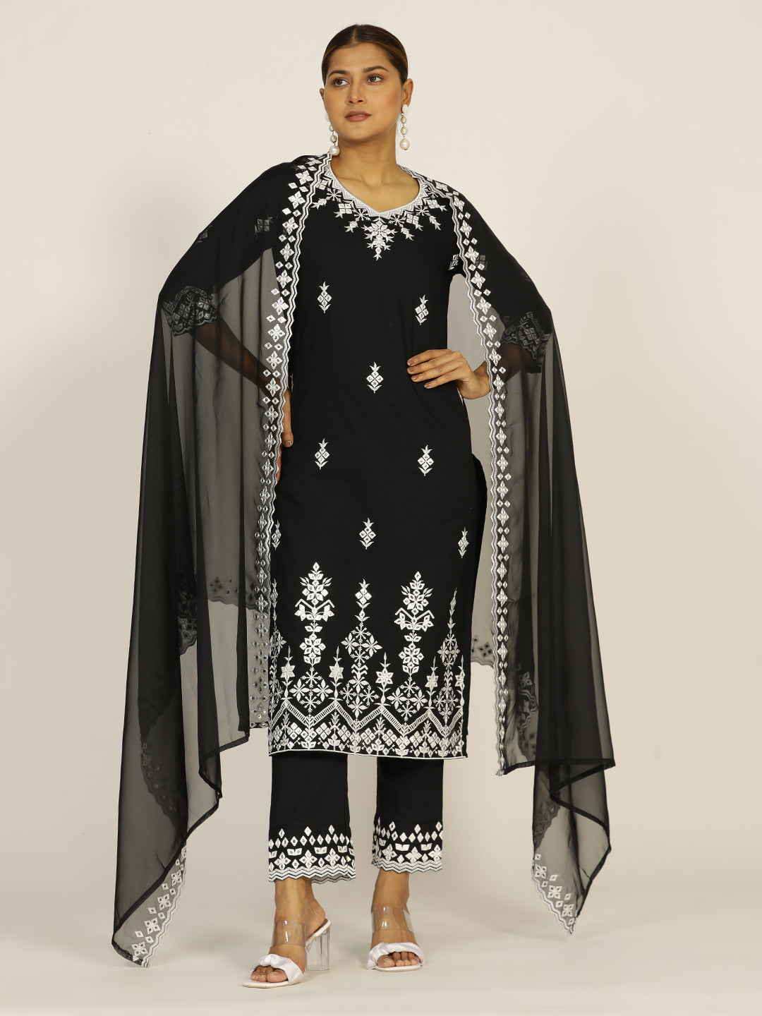 Resham Embroidered Black Cotton Suit Set
