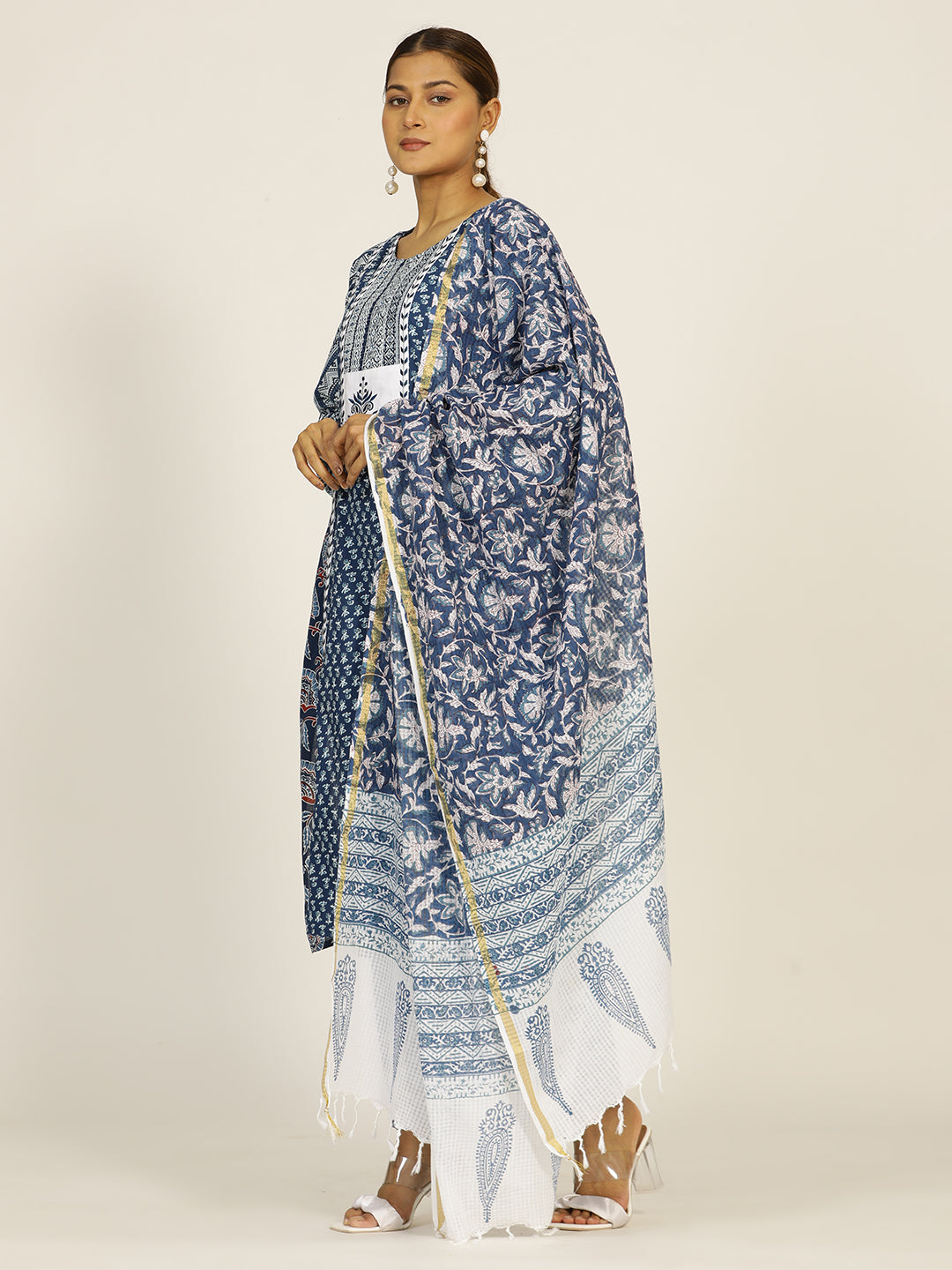 Indigo Blue Embroidered Cotton Straight Kurta Set with Dupatta