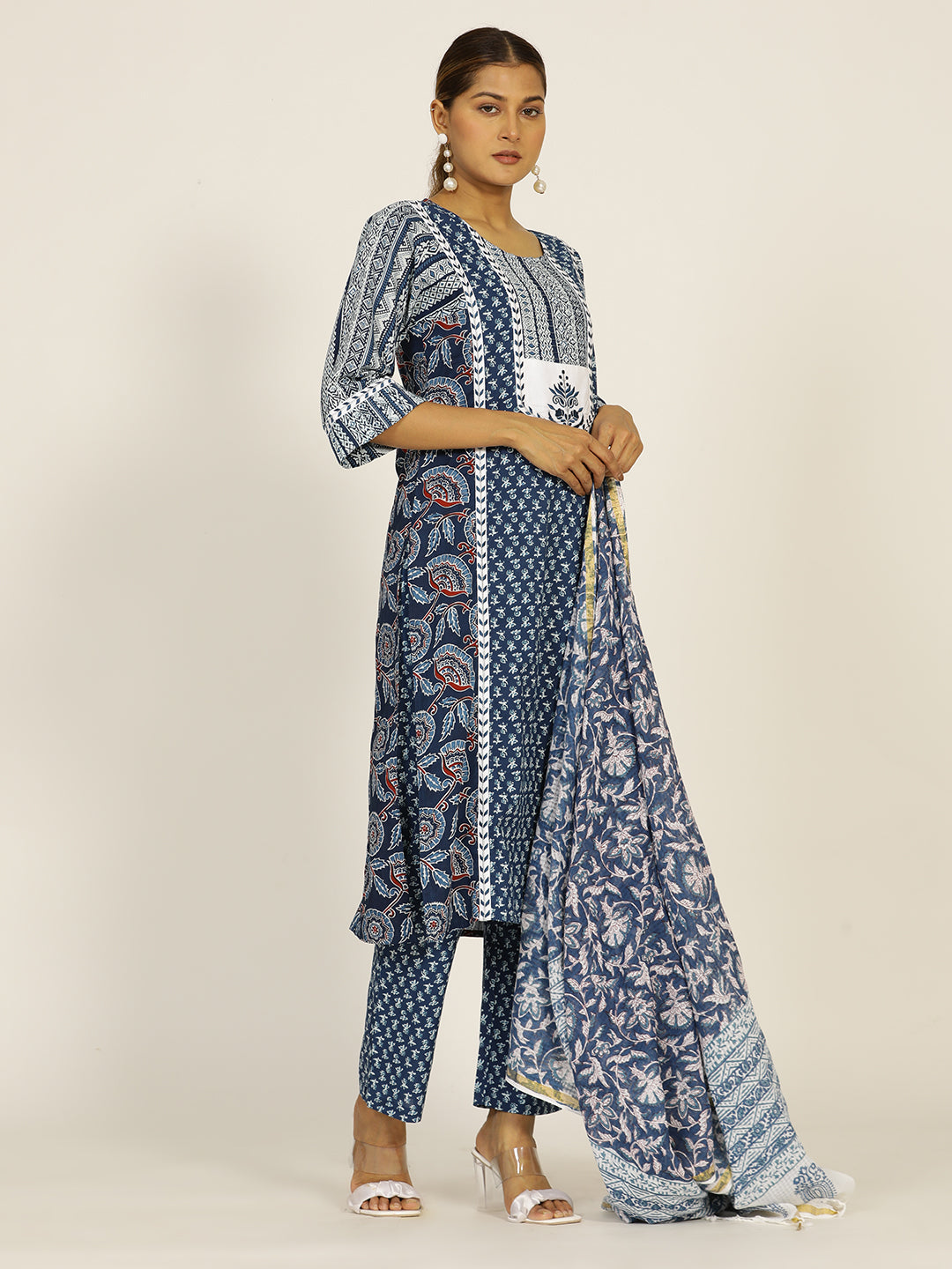 Indigo Blue Embroidered Cotton Straight Kurta Set with Dupatta