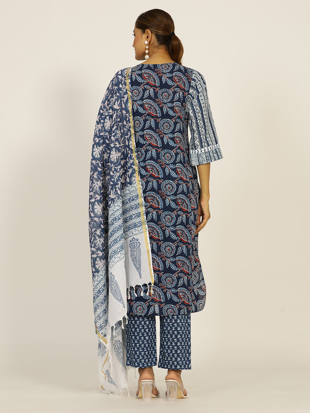 Indigo Blue Embroidered Cotton Straight Kurta Set with Dupatta