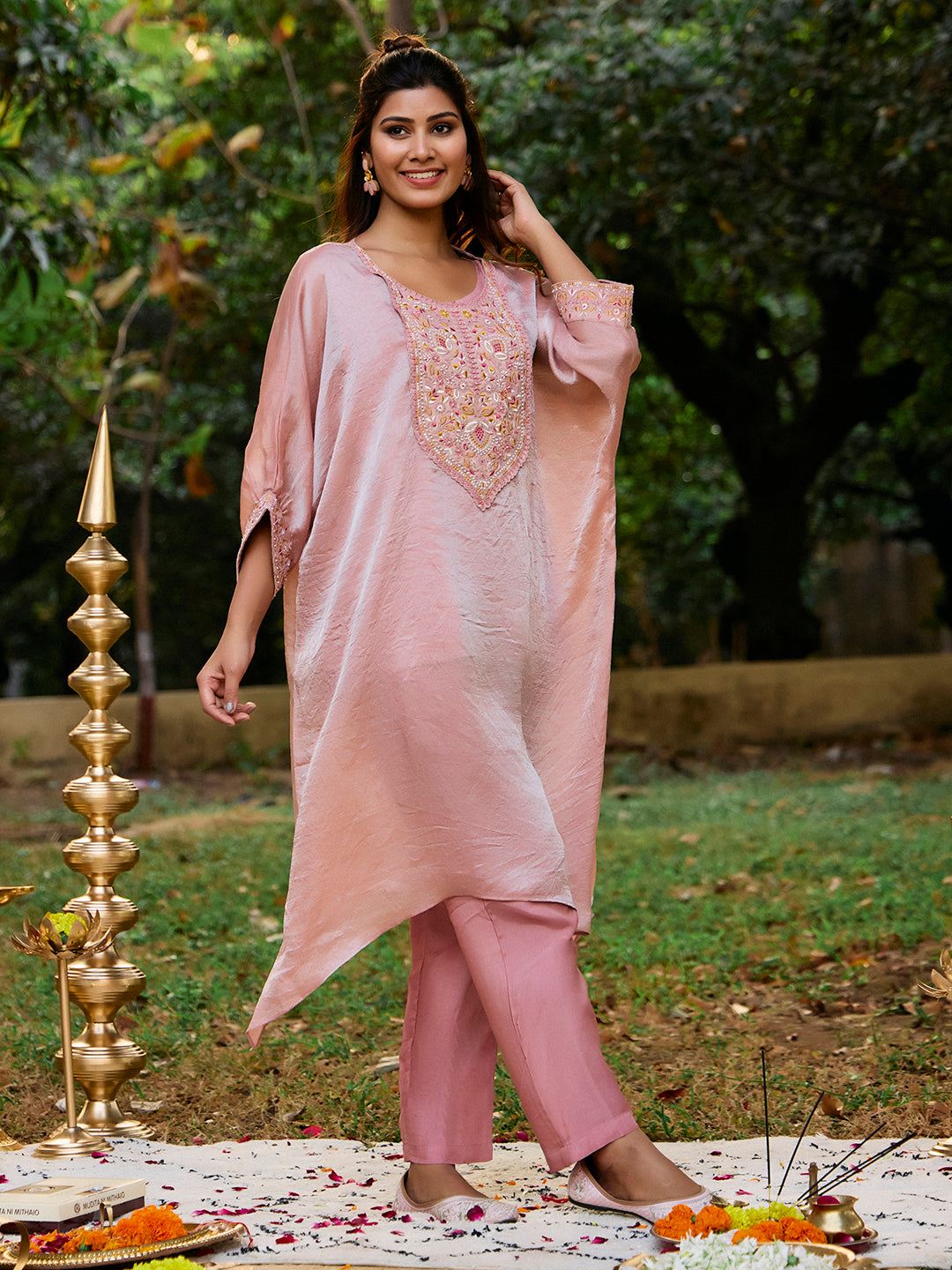 Floral Embroidered Kaftan Organza Kurta & Trousers Sets