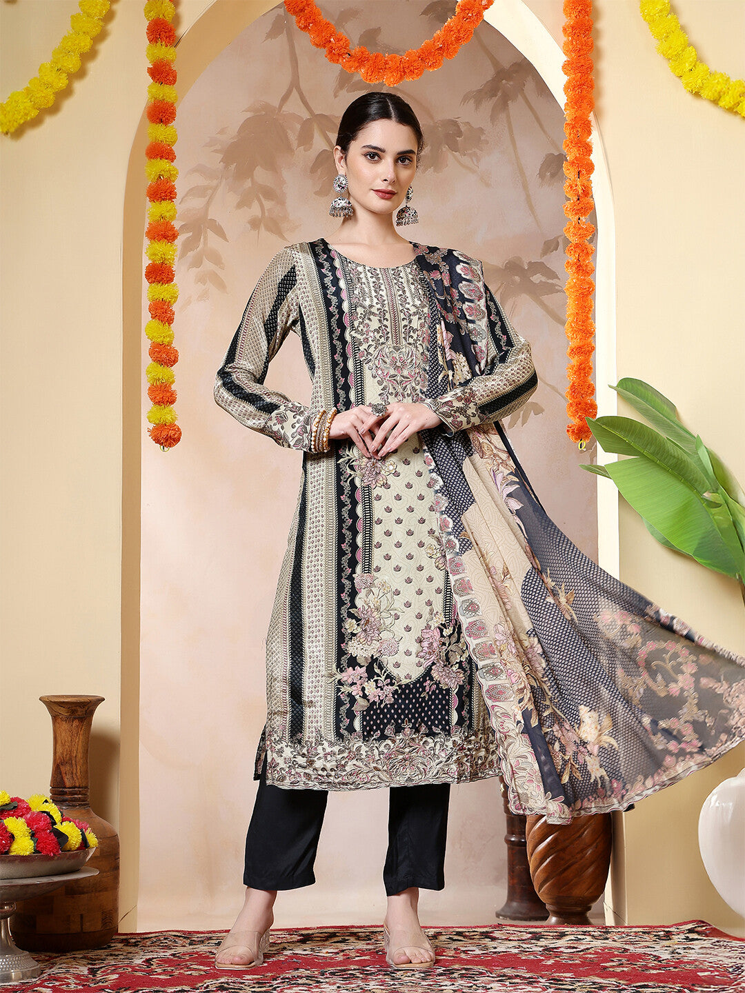 Floral Embroidered Straight Kurta & Trousers Sets
