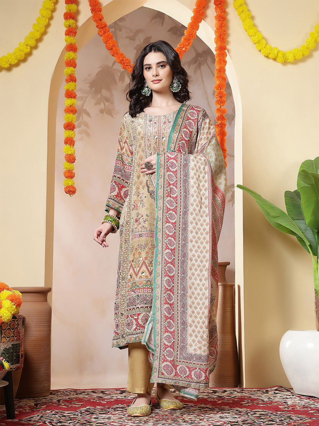 Floral Embroidered Straight Kurta & Trousers Sets