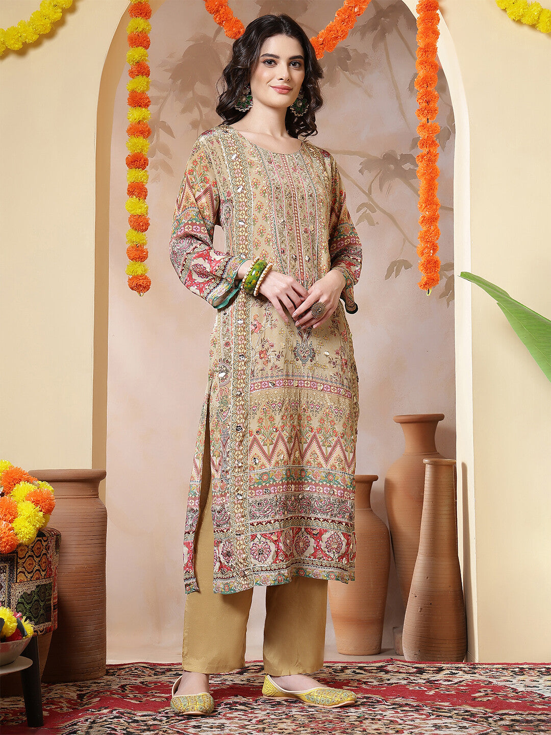 Floral Embroidered Straight Kurta & Trousers Sets