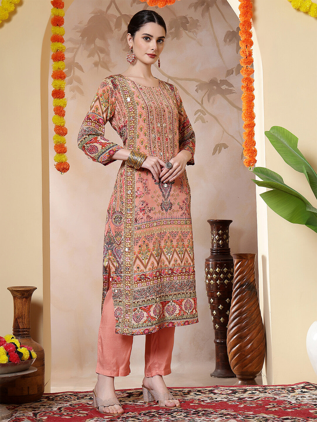 Floral Embroidered Straight Kurta & Trousers Sets