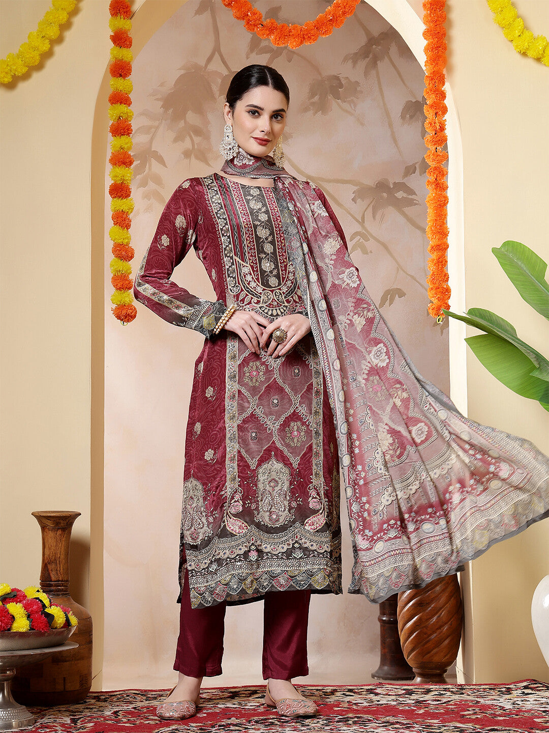 Floral Embroidered Straight Kurta & Trousers Sets