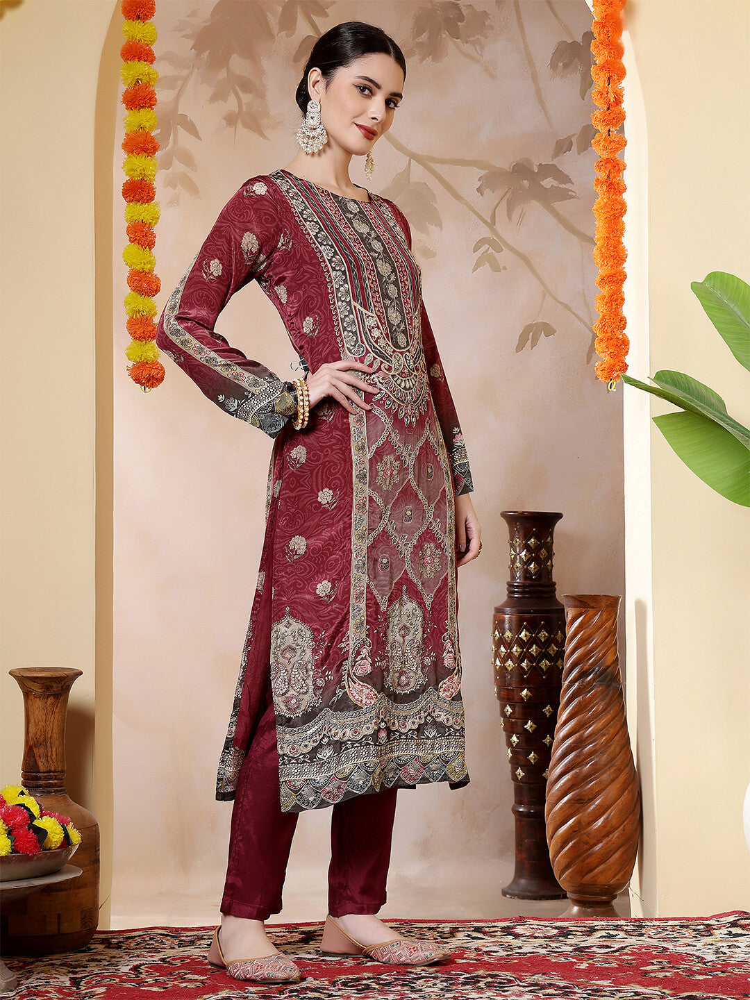 Floral Embroidered Straight Kurta & Trousers Sets