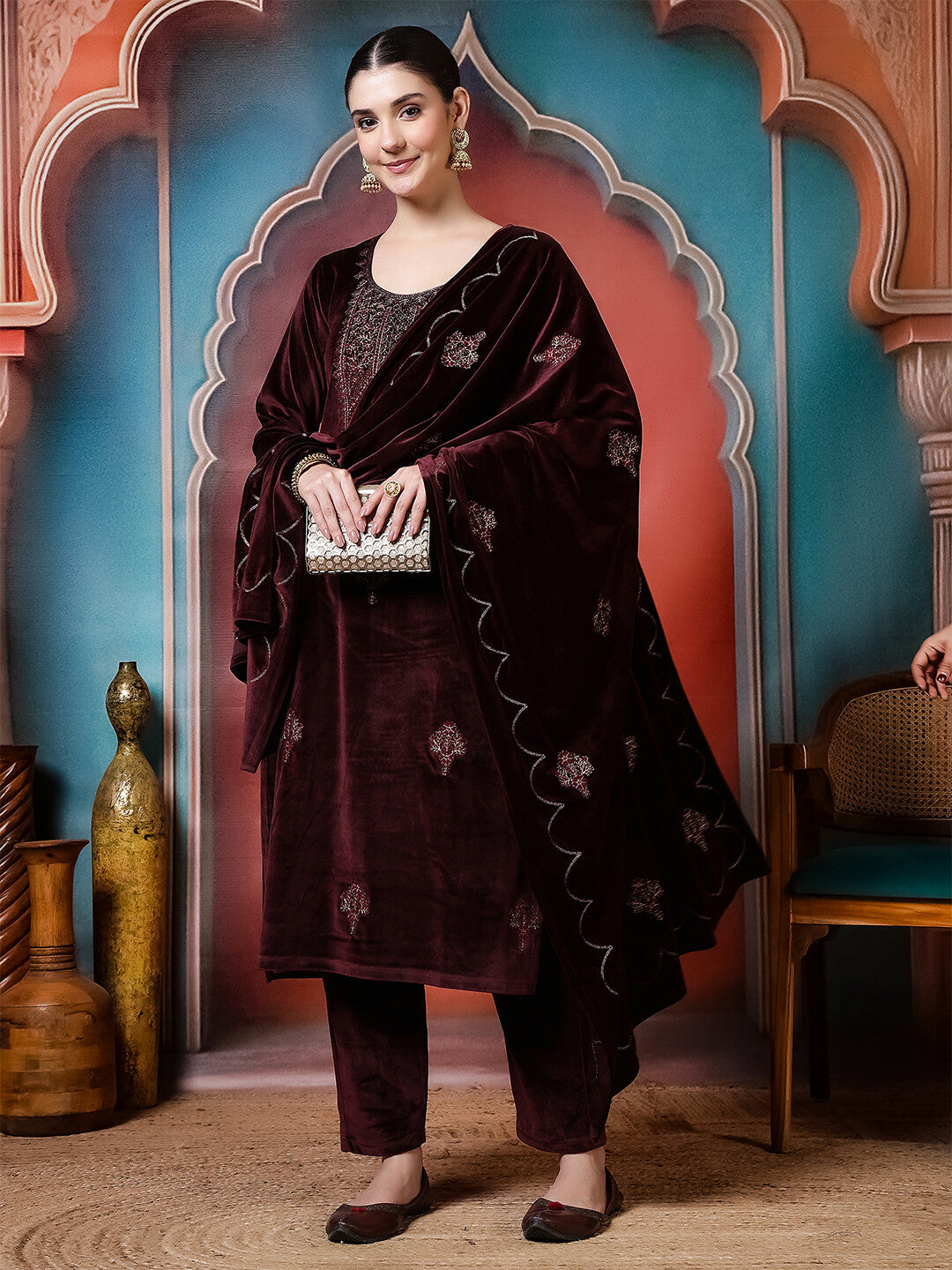 Floral Embroidered Straight Winter Wear Kurta & Trousers Sets