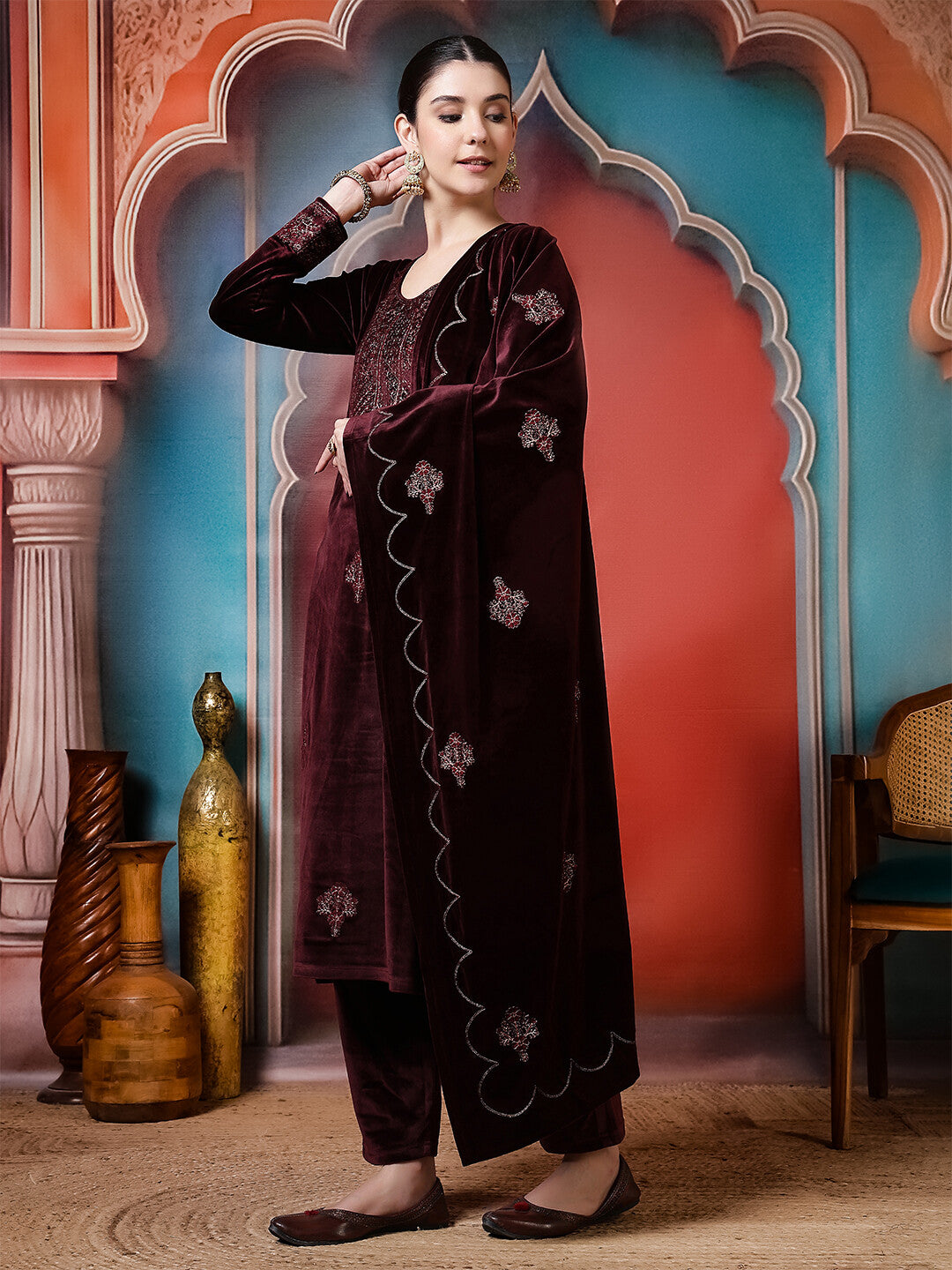Floral Embroidered Straight Winter Wear Kurta & Trousers Sets